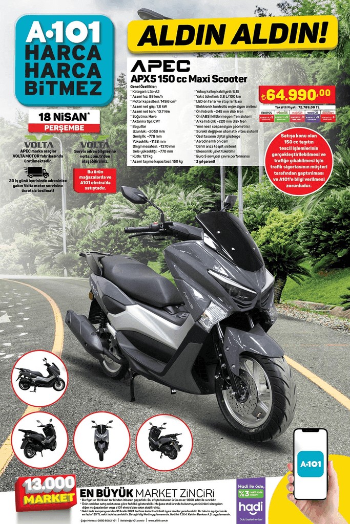 18 Nisan 2024 A101 kataloğu! A101'e APEC APX5 150 cc Maxi Scooter Geliyor! 18 Nisan 2024 A101 aktüel ürünler kataloğu - Resim: 1