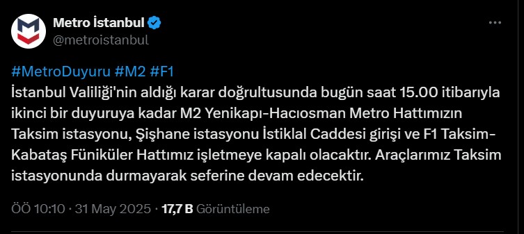 İSTANBULLULAR DİKKAT, SAAT 15:00’TE KAPANIYOR! 31 Mayıs 2025 İstanbul’da metrolar çalışıyor mu, hangi duraklar kapalı? - Resim: 3